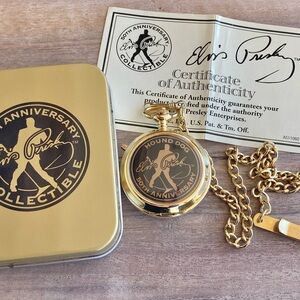 Elvis Presley 50th Anniversary Collectible golden pocketwatch and tin